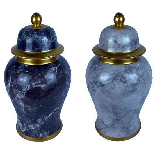 Vase DKD Home Decor 22 x 22 x 42 cm 22 x 22 x 44 cm Porzellan Blau Gold Marmor Moderne (2 Stück)